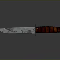 Sharp Tactical Knife With Metal Blade Wooden Handle And Ringed Texture On Dark Reflective Surface