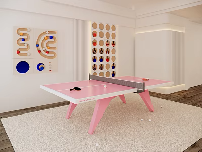 Pink Ping Pong Table with Paddles and Balls Indoor with Colorful Circular Curved Decorative Panels 3d model