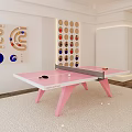 Pink Ping Pong Table with Paddles and Balls Indoor with Colorful Circular Curved Decorative Panels