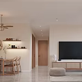 Modern Minimalist Living And Dining Room Interior With Sofa Decorative Paintings And Wooden Furniture
