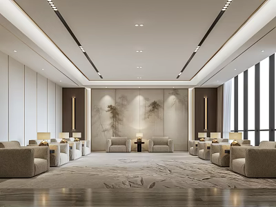 Elegant Modern Lounge Interior With Beige Sofas Wall Art Large Windows And Wooden Flooring 3d model