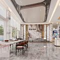 Luxurious Property Sales Office Interior With Grand Chandelier Marble Water Feature And Floor To Ceiling Windows
