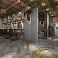 Rustic Style Beauty Hair Salon With Wooden Decor Stone Walls And Hanging Lamps