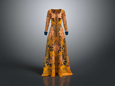 Elegant Yellow Long Dress With Black Floral Pattern And Blue Cuffs 3d model