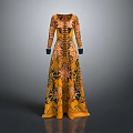 Elegant Yellow Long Dress With Black Floral Pattern And Blue Cuffs