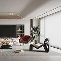 Modern Living Room Interior With Gray Sofa Red Accent Chair Large TV And Coffee Table