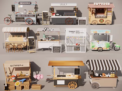 Various Creative Mall Shop Designs Including Food Carts Kiosks And Retail Stalls 3d model