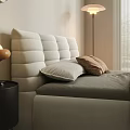 Cozy Double Bed With Upholstered Headboard Plush Pillows Nightstand Floor Lamp And Circular Wall Art
