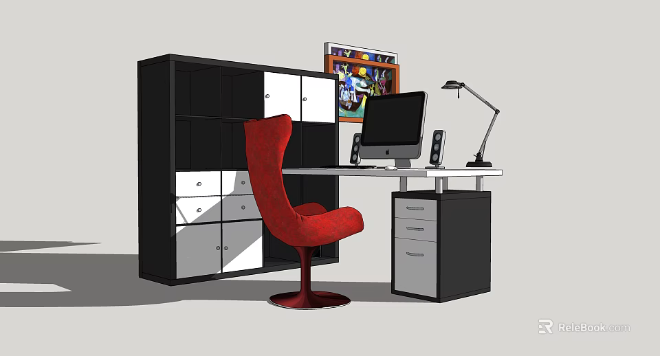 Modern Office Desk With Red Chair Black White Cabinet Computer Monitor And Desk Lamp 3d model 