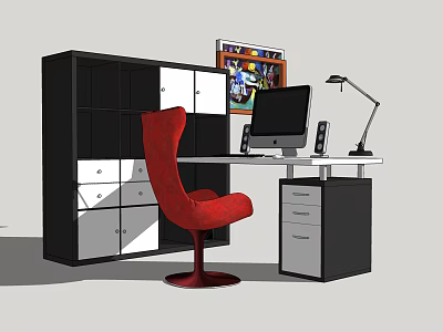 Modern Office Desk With Red Chair Black White Cabinet Computer Monitor And Desk Lamp 3d model
