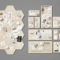Wooden Pegboard Wall Decor With Hexagon And Rectangle Shapes And Notes And Labels 3d model