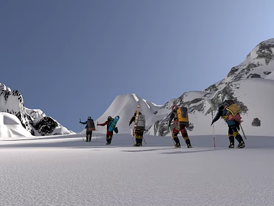 Group of People Trekking in Snowy Mountain Range With Trekking Poles And Backpacks 3d model