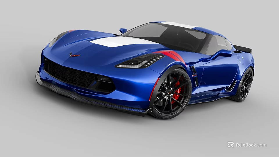 Blue Sleek Sports Car With White Stripes Red Accents And Black Alloy Wheels 3d model 