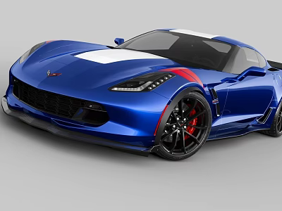 Blue Sleek Sports Car With White Stripes Red Accents And Black Alloy Wheels 3d model