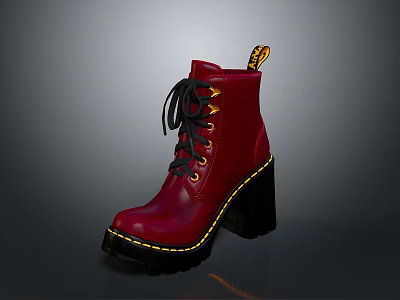 Stylish Red Boots With Black Laces Yellow Stitching Thick Soles And High Heels 3d model