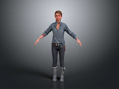 Woman in Blue Denim Shirt and Dark Jeans Standing with Open Arms on Gray Background 3d model