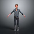 Woman in Blue Denim Shirt and Dark Jeans Standing with Open Arms on Gray Background