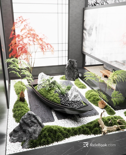 Indoor Zen Landscape With Moss Stones Plants And Boat Planter 3d model 