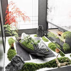 indoor landscape landscape gravel red maple moss tea table stone boat dead wood fern 3d model