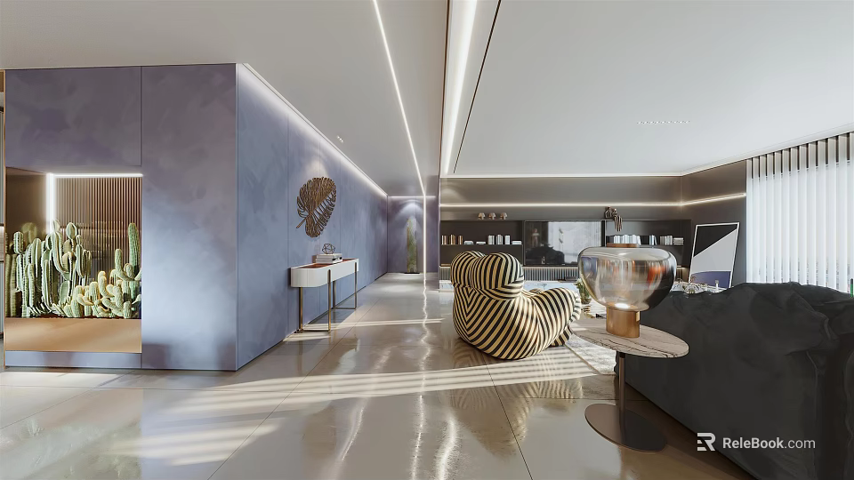 Modern Living Dining Room Interior With Sofa Dining Table And Ambient Lighting 3d model