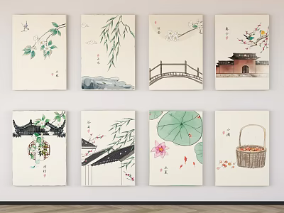 Chinese Traditional Paintings With Willow Branches Bridge Lotus And Ancient Architecture 3d model