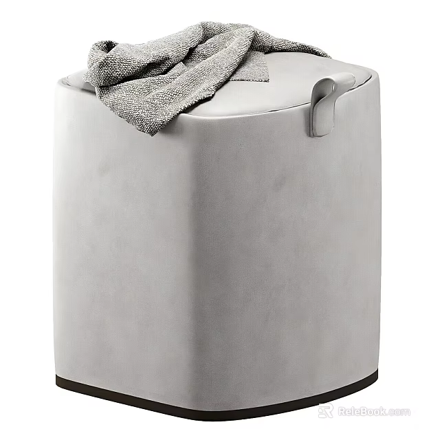 Gray Upholstered Stool With Blanket On Top And Side Handle Dark Base 3d model 