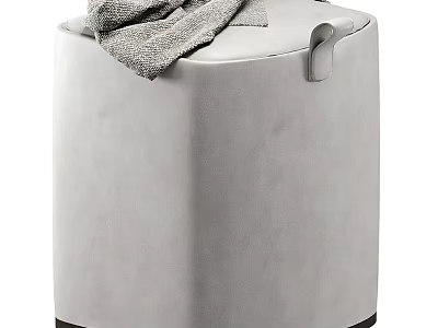 Gray Upholstered Stool With Blanket On Top And Side Handle Dark Base 3d model