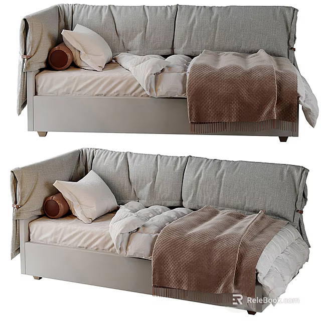 Cozy Gray Sofa Bed With White Pillows Brown Blanket And Soft Cushions 3d model 