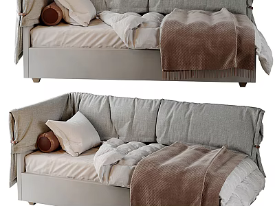 Cozy Gray Sofa Bed With White Pillows Brown Blanket And Soft Cushions 3d model