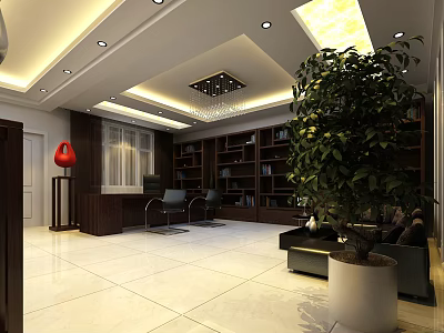 Modern Office Interior Design With Wooden Bookshelves Chandelier Sofa And Large Green Plant 3d model