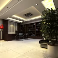 Modern Office Interior Design With Wooden Bookshelves Chandelier Sofa And Large Green Plant