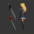 Three Blonde Women Characters Posing In Different Fantasy Costumes With Weapons