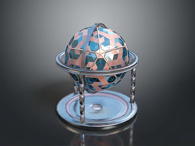 Spherical Sculpture Artistic Carving With Intricate Geometric Patterns And Metal Stand Base 3d model