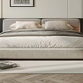 Modern Double Bed With Upholstered Headboard Pillows Bedside Table Wooden Floor And Wall Art