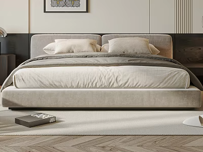 Modern Double Bed With Upholstered Headboard Pillows Bedside Table Wooden Floor And Wall Art 3d model