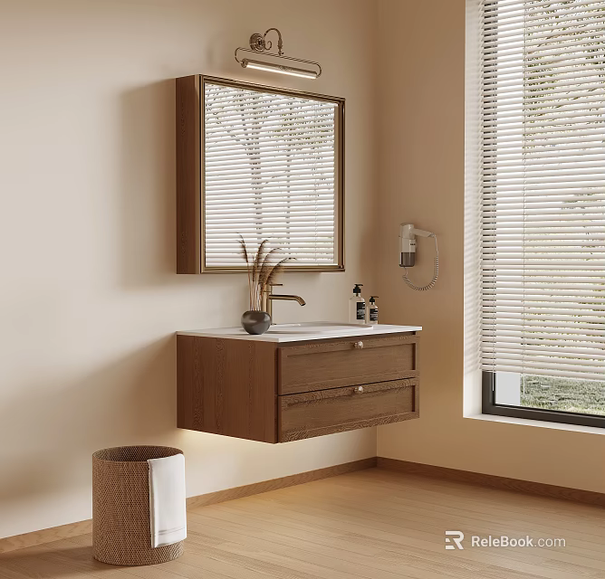 Wall Mounted Wooden Bathroom Vanity Cabinet With Mirror Faucet Toiletries And Window Blinds 3d model 