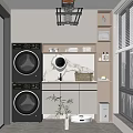 Modern Home Balcony With Stacked Washing Machines Storage Cabinets And Green Plants