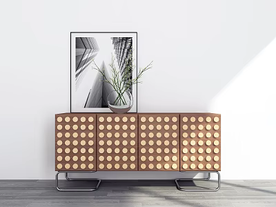Modern Decorative Cabinet With Brown Circular Patterns Metal Legs And Black White Art Vase Plant 3d model
