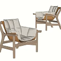 Two Minimalist Modern Leisure Chairs With Wooden Frame And Light Gray Cushions