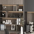 Modern Desk With Wooden Shelves Computer Chair Decorations Books Speakers Vase And Desktop Setup