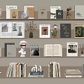 Stylish Books And Magazines On Shelves With Decorative Sculptures Vases And Dried Flowers