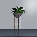 Lush Green Bonsai Potted Plant with Long Leaves in White Pot on Brown Metal Stand