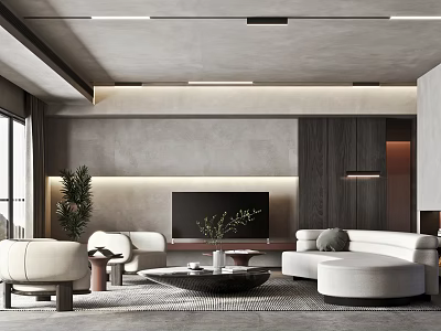 Modern Living Room Interior Design with White Sofa Wooden Coffee Table TV and Green Plant 3d model