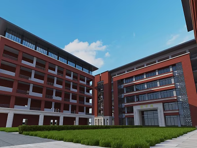 Red Brick School Building Exterior With Multiple Floors Large Windows And Green Lawn Area 3d model