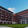 Red Brick School Building Exterior With Multiple Floors Large Windows And Green Lawn Area