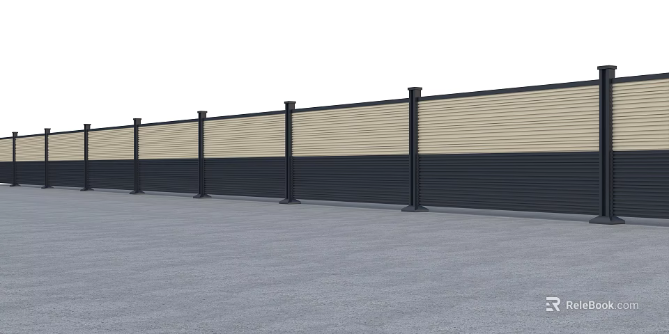 Contemporary Beige Black Panel Fence Supported By Black Posts On Gray Ground 3d model 