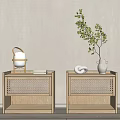 Natural Wooden Bedside Tables With Woven Drawers Table Lamp Books And Plant Vase