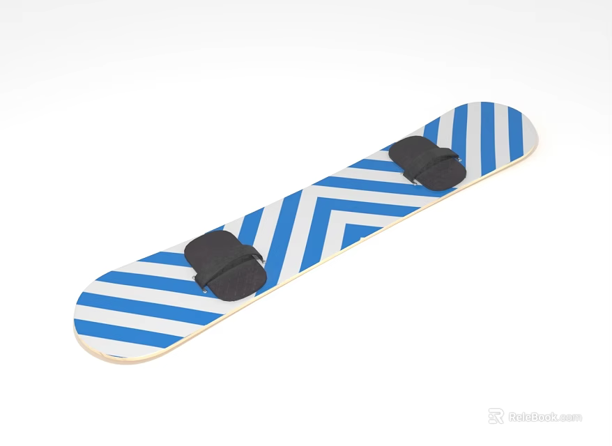 Stylish Snowboard With Blue And White Zigzag Stripes And Black Bindings 3d model 