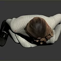 Woman In Light Blue Turtleneck Sweater Ripped Black Jeans And Black Boots On Gray Background