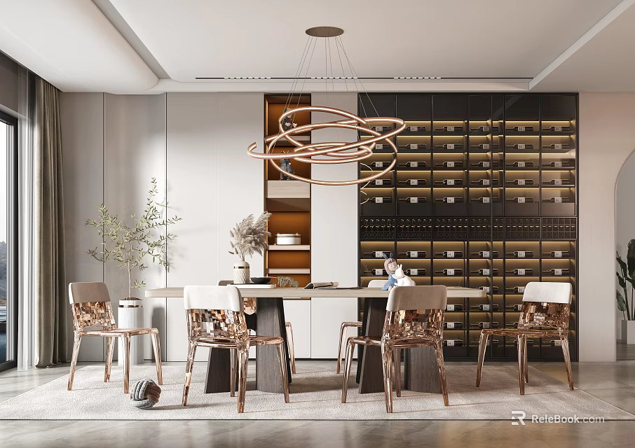 Elegant Modern Restaurant Interior With Dining Table Chairs Chandelier And Wine Rack 3d model